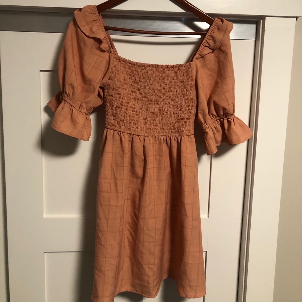 Zoco “Arlo” ruffled puff sleeve smocked mini dress